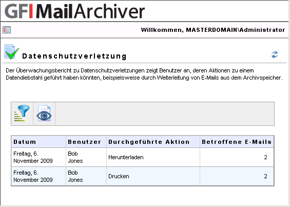 Datum der Anwendung der Richtlinie Name des Archivspeichers Name der Aufbewahrungsrichtlinie Anzahl der gelöschten E-Mails Wenn Sie auf eine der angewendeten Aufbewahrungsrichtlinien in der Liste