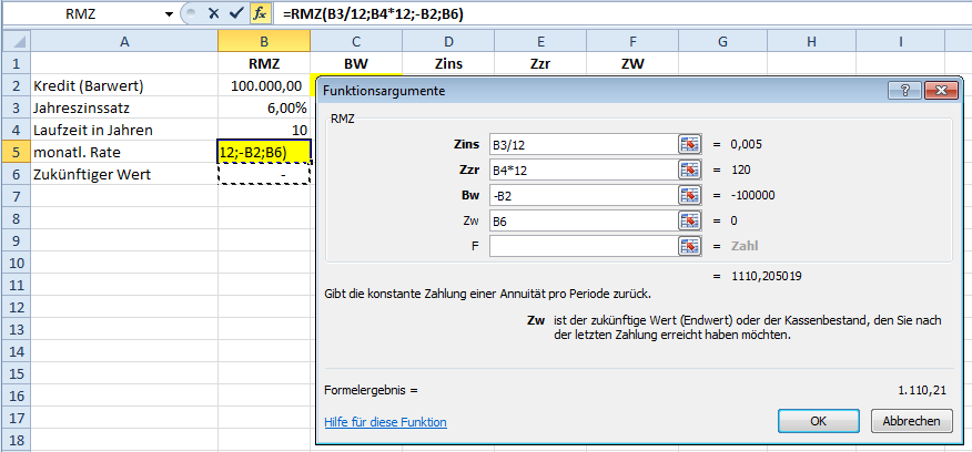 MS Excel 2010 Intensiv Funktionen Übungsbeispiel Übungsdatei: FinanzmathFunktionen.xlsx Tabelle:Zinsen Aufgabe A) 1. Sie wollen einen Kredit aufnehmen.