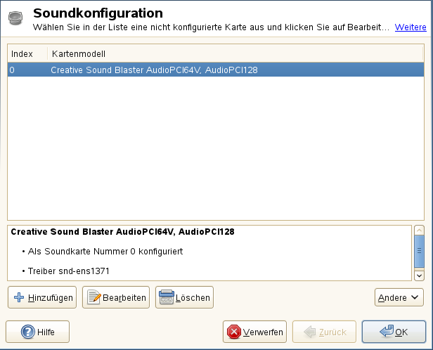 Starten Sie YaST, um das Soundmodul zu starten, und klicken Sie auf Hardware > Sound.