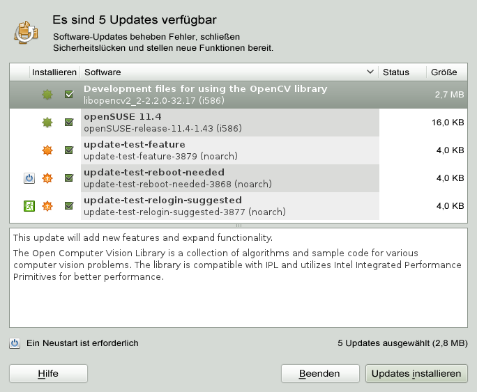 Abbildung 6.4 GNOME-Miniprogramm zur Aktualisierung Die YaST-Online-Aktualisierung enthält erweiterte Funktionen zur Anpassung der Patch-Installation.