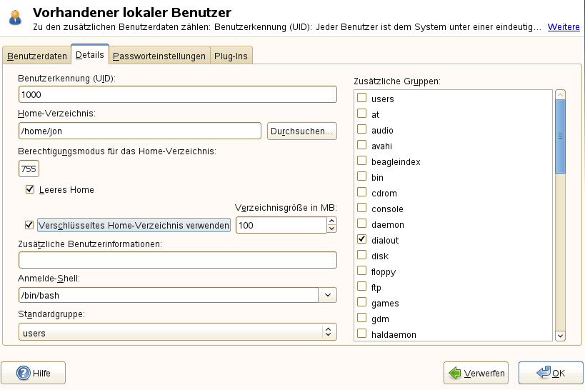 4 Übernehmen Sie die Einstellungen mit OK. 5 Geben Sie das aktuelle Anmeldepasswort des Benutzers ein, um bei der Eingabeaufforderung von YaST fortzufahren.