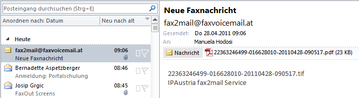 Fax-IN (Faxe empfangen) IPA FAX Dienste Die Alternative für Faxgeräte Fax-IN ermöglicht es, Faxnachrichten von jedem Faxgerät auf einer Faxnummer zu empfangen und sich per E-Mail auf eine