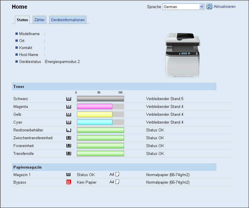 Überprüfen der Systeminformationen Überprüfen der Systeminformationen Klicken Sie auf [Home], um die Hauptseite von Web Image Monitor anzuzeigen.