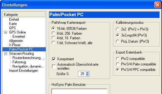 Kartenexport mit TTQV zu PathAway 39 Einstellungen für den Kartenexport mit TTQV 16-bit 8-bit 4-bit 2-bit 1-bit Komprimiert Automatisch Übersichtskarte erstellen HotSync Palm Benutzer Kalibrierungs -