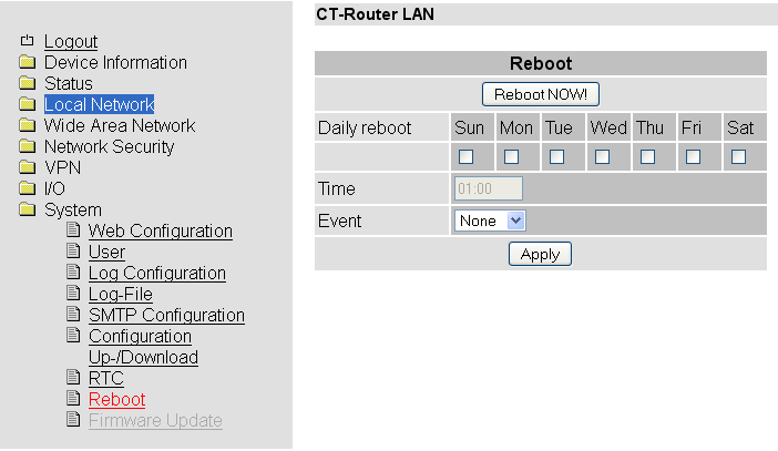 System Reboot System >> Reboot Reboot NOW! Sofortigen Neustart des Routers erzwingen! Daily reboot Time Event Den Router an bestimmten Wochentagen zum bestimmten Zeitpunkt neustarten.