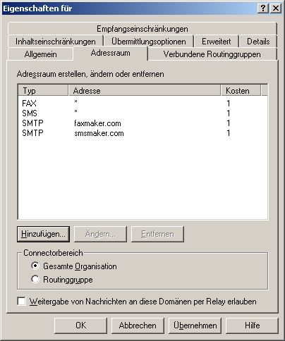 Screenshot 4: Registerkarte Adressraum 9. Wählen Sie im Abschnitt Connector-Bereich die Option Routing-Gruppe aus. 10. Klicken Sie auf OK, um den Connector zu erstellen.