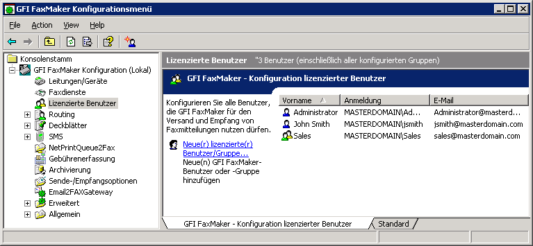 Screenshot 47: Liste der GFI FaxMaker-Benutzer und -Gruppen Die Liste der lizenzierten Benutzer ist unter GFI FaxMaker-Konfiguration > Lizenzierte Benutzer verfügbar.