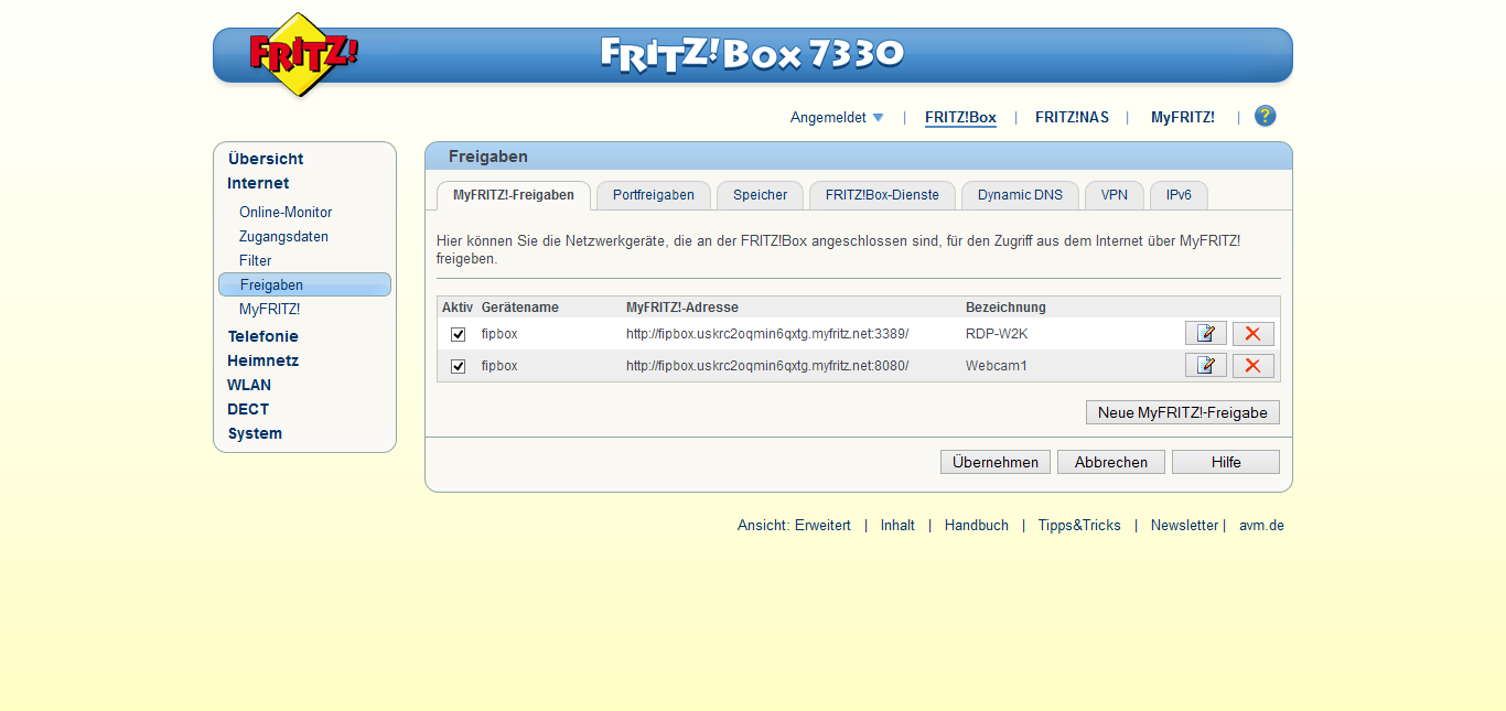 Mit einem Klick auf Status aktualisieren sollte Ihre FRITZ!Box jetzt bei MyFRITZ! angemeldet sein. Bitte fahren Sie mit der Einrichtung erst fort, wenn die Anmeldung erfolgreich war.