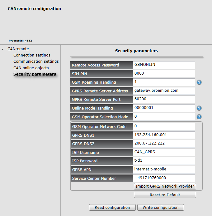 Sicherheitsparameter eintragen DE ifm Maintenance Tool - CANremote AddIn - Security parameters Remote Access Password Wird beim Real-Time Mode benötigt (Real-Time Mode = Echtzeit-Modus = direkter