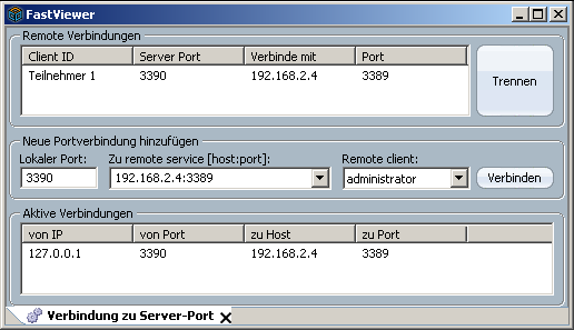 Remote Verbindungen : Client ID: ServerPort: Verbinde mit: Port: Aktive Verbindungen : von IP: von Port: zu Host: zu Port: Zeigt alle gemappten Ports Bezeichnung des PCs lokaler Port IP/DNS-Name des