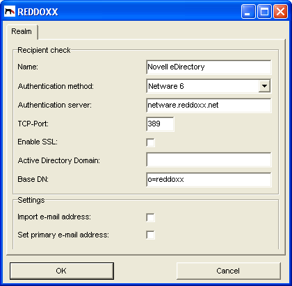 3.6. Konfiguration der Benutzer-Anmeldung mit Novell edirectory Novell Netware-Server: netware.reddoxx.net Das Beispiel gilt auch wenn Netware 5 als edirectory-server zum Einsatz kommt.