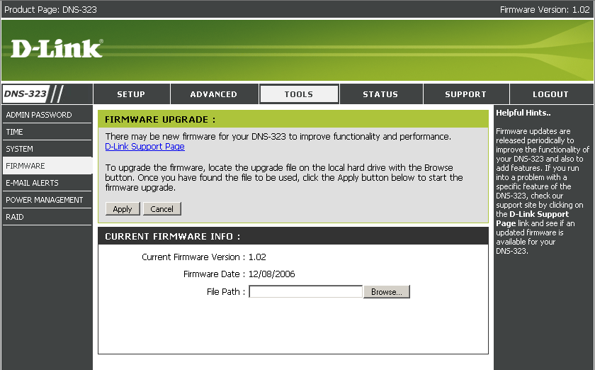 Firmware Das Menü Firmware im DNS-323 erleichtert die Suche nach neuen Firmware-Versionen sowie deren Upload in das Gerät.