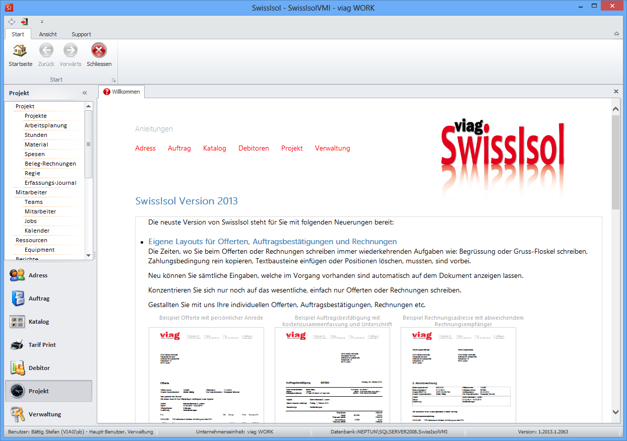 Allgemeines viag SwissIsol ist ein komplettes, speziell für die Isolierfirmen entwickeltes Programm. Es umfasst alle notwendigen Module, ist einfach zu handhaben, übersichtlich und effizient.