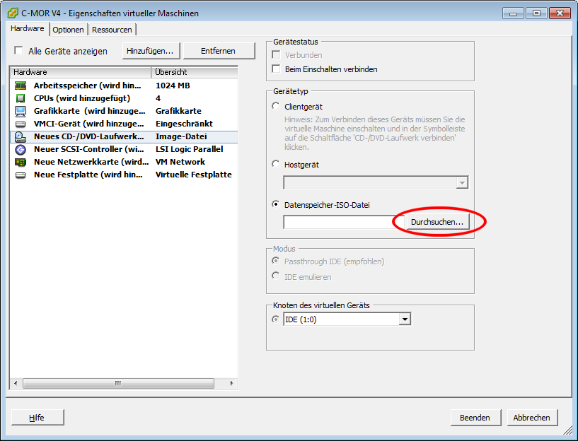 Zum Abschluss der VMware-Konfiguration wird das ISO-Image als CD-Laufwerk der neuen virtuellen Maschine konfiguriert.
