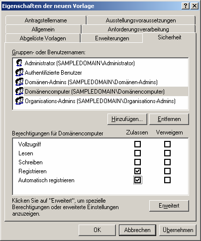 Zunächst wird auf der Reiterseite Allgemein die allgemeinen Angaben zur Zertifikatsvorlage (dessen Anzeigename) sowie dessen Gültigkeitsdauer und Erneuerungszeitraum angegeben.