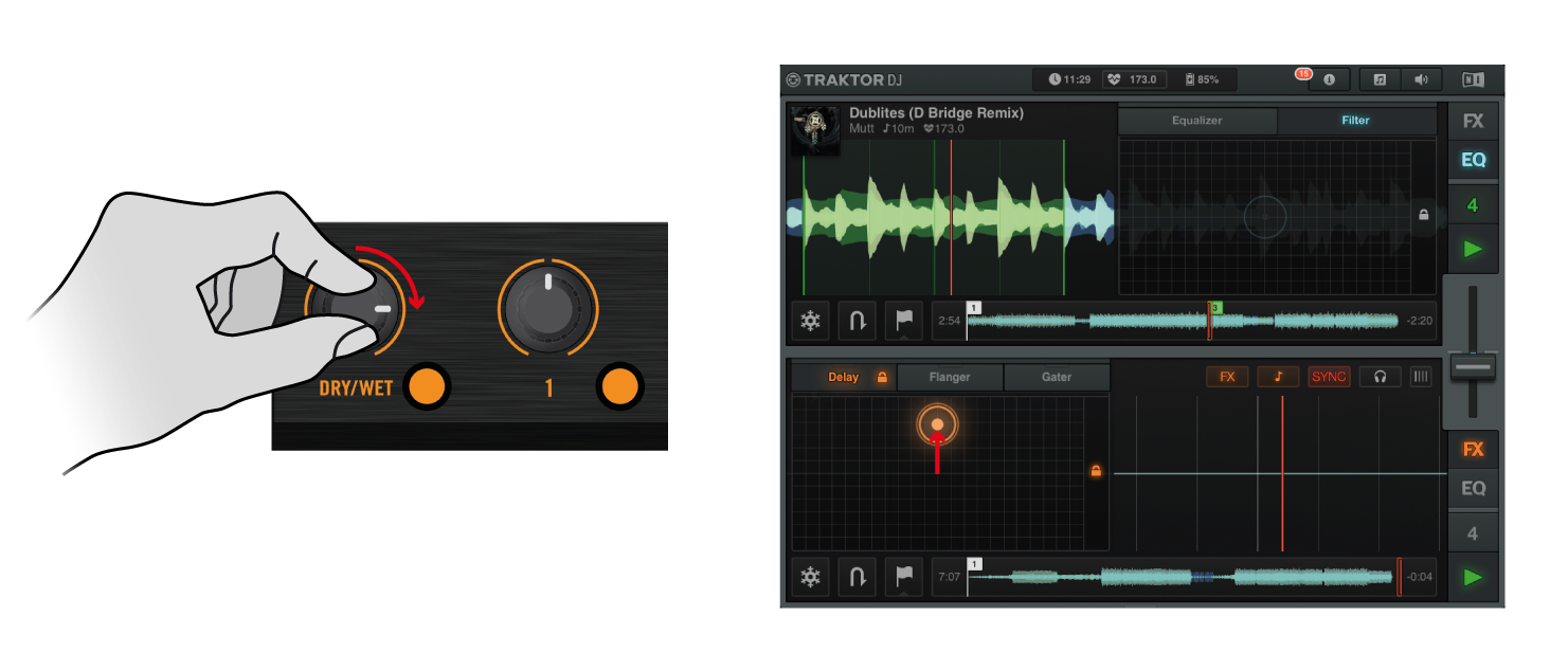 Verwendung des S4 mit der TRAKTOR DJ-App FX verwenden Einen Effekt Auslösen und Steuern Ein Druck auf einen der FX-Buttons (1-3) des S4 (zu finden in den Bereichen FX 1 und FX 2) schaltet den