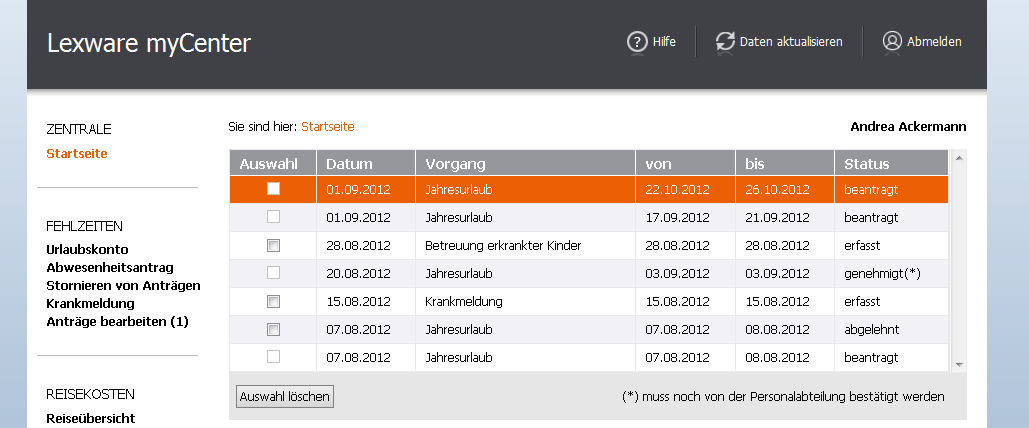 Lexware fehlzeiten 2013 Lexware my Center Beispiel: Nach erfolgreicher Installation überprüft ein MA seinen Urlaubskontostand und stellt anschließend einen neuen Urlaubsantrag. 1.