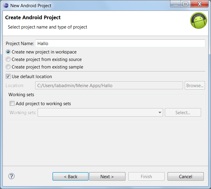 Abbildung 22: Android Projekt in Eclipse erstellen. Quelle: Eigene Darstellung. Projektname eintragen, beispielsweise Hallo.