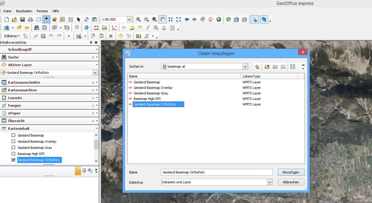 GeoOffice express WMTS Layer in GeoOffice express nutzen: Seit GeoOffice 10.2 SP 3 können Grundkarten, wie beispielsweise basemap.