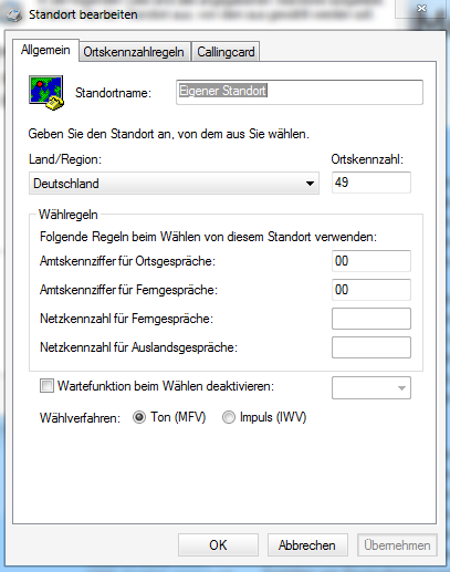 2.2 Windows Telefon und Modem Optionen Einen neuen Standort anlegen und das Wählpräfix einstellen.