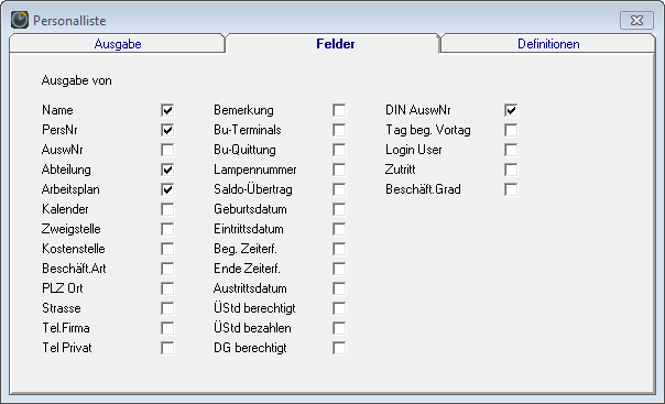 Listen Abb. 117 Sie können über die Felder festlegen, welcher der 31 möglichen Stammsatzfelder als Ausgabespalte in der Personalliste erscheinen sollen.