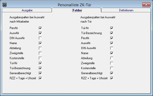 Personalliste ZK-Tür Mit dieser Liste hat man die Möglichkeit, Personaldaten in Bezug mit der Zutrittskontrolle (Option) auszu geben. Hierbei hat man 2 grundlegende Auswahlmöglichkeiten: Nach Person.