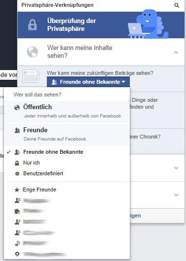 2.1 Wer kann meine zukünftigen Beiträge sehen? Wer kann meine Inhalte sehen? Wer kann meine zukünftigen Beiträge sehen? Hier kannst du ebenfalls festlegen, wer in Zukunft deine Beiträge sehen kann.