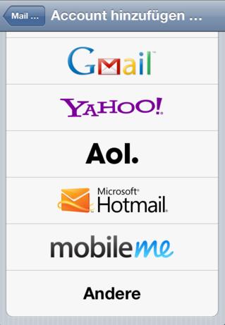 Wählen Sie nun den untersten Punkt "Andere" und danach "Mail-Account hinzufügen" 3 Konfiguration Geben Sie unter "Name" den Namen ein der bei den Empfängern der Mails angezeigt werden soll.