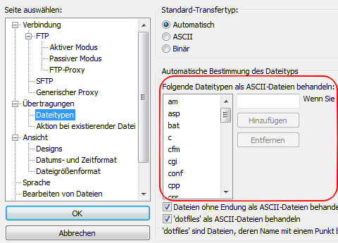 Transfertyp Unter Transfer >> Transfertyp können Sie den Transfertyp einstellen. Stellen Sie je nach Datei folgenden Typ ein: Automatisch, ASCII oder Binär.