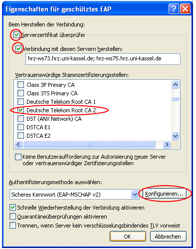 Im Fenster Eigenschaften für geschütztes EAP setzen Sie Häkchen bei: 1. Serverzertifikat überprüfen 2. Verbindung mit diesen Servern herstellen und geben Sie per Hand ein: hrz-ws73.hrz.uni-kassel.