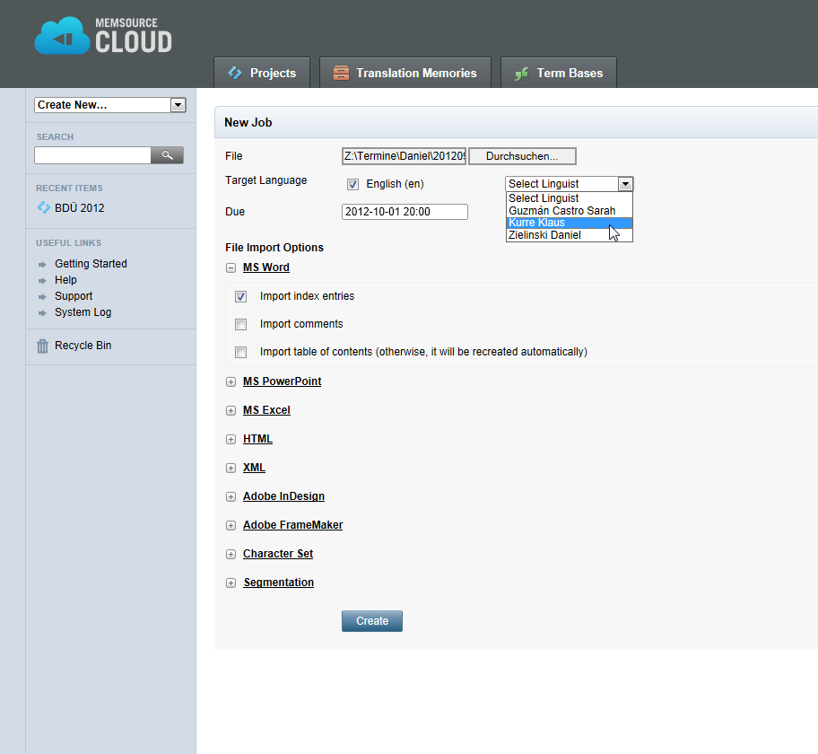Cloud-basierte Systeme: MemSource Cloud / Neuer Job