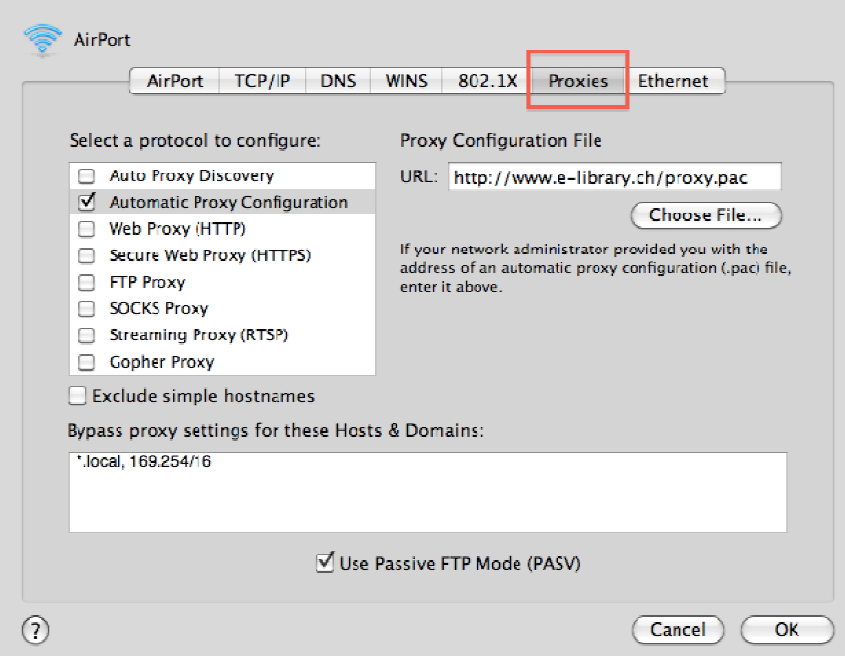 4. Wählen Sie «Automatische Proxy-Konfiguration» und tragen Sie die folgende URL wie auf dem Bild beschrieben in das Textfeld ein: http://www.e-library.ch/proxy.