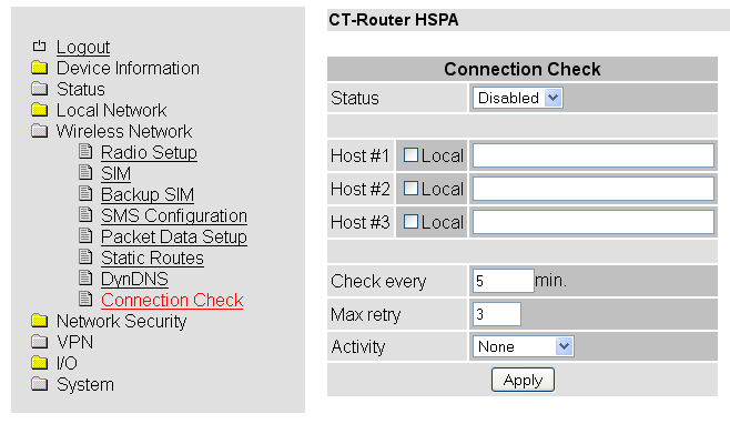 Wireless Network Connection Check Wireless Network Connection Check Connection Check Eklärung Connection Check Disable: Deaktivierung der Verbindungsprüfung der Paketdaten-Verbindung Enable:
