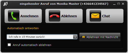 8. Anruf entgegennehmen Bei eingehenden Anrufen erscheint ein Fenster im Vordergrund Ihres Bildschirms. Um das Gespräch anzunehmen klicken Sie auf Annehmen. Um es abzulehnen auf Ablehnen.