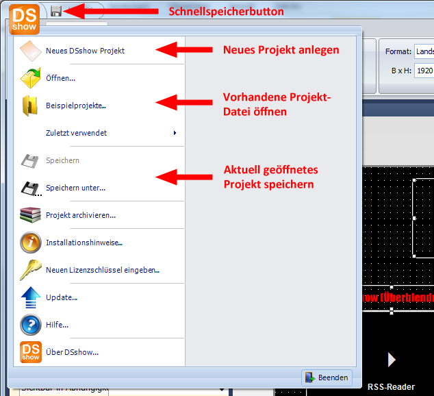 4. Einrichtung und Benutzung 4.2 Neues Projekt anlegen, öffnen und speichern Um ein neues Projekt anzulegen, bzw. ein vorhandenes zu öffnen, klicken Sie auf das DSshow-Logo im Hauptfenster oben links.