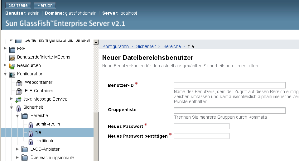 Benutzerspezifikation (Glassfish) Eingabe von Usernamen und Passwörtern über die Admin-Konsole des Servers: