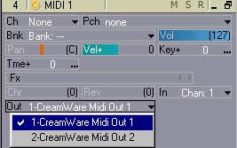 Weisen Sie im Spurkopf jeder MIDI-Spur in Sonar einen Ausgang ("Out ) zu. Das folgende Beispiel zeigt, wie MIDI- Noten, die auf dem Keyboard eingespielt werden, mit Sonar aufgenommen werden können.
