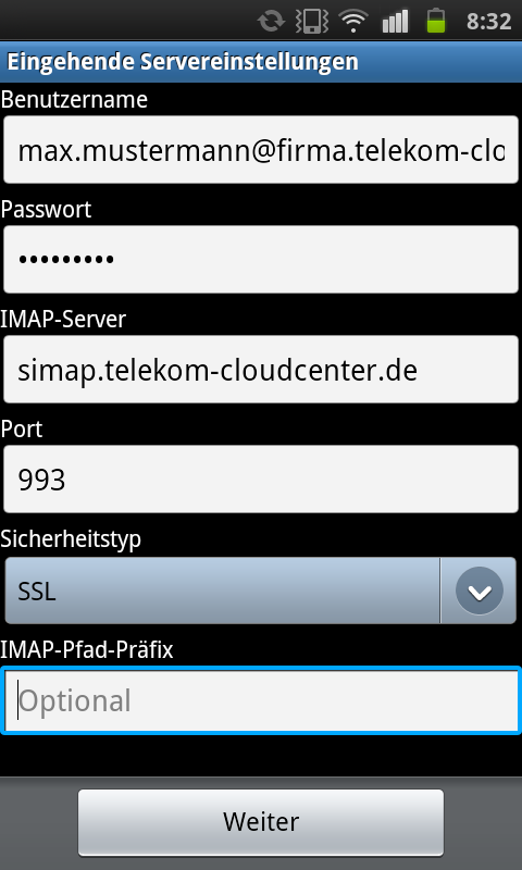IMAP-Konto wählen Benutzername: Ihr Benutzername, z.b. max.mustermann@firma.telekom-cloudcenter.de Passwort: Ihr Passwort IMAP-Server: simap.