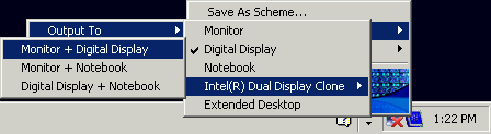 Inbetriebnahme Anschluss von Zusatzgeräten Klicken Sie das Monitor-Icon rechts in der Task-Leiste. Wählen Sie Graphics Options - Output To - Intel(R) Dual Display Clone - Monitor + Digital Display.