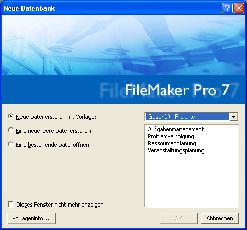 Erstellen von Datenbanken 43 Tipp Sie können eine Datei auch anlegen, indem Sie eine Kopie einer bestehenden FileMaker Pro-Datei erstellen. Siehe Sichern von Dateien auf Seite 16.