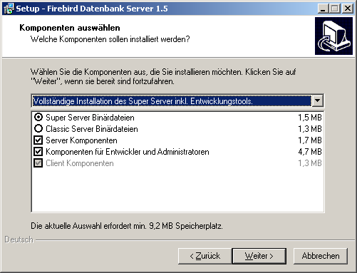 2.3 Installation unter Windows Administrations-Handbuch für Firebird 1.5 2.3 Installation unter Windows Starten Sie das Installationsprogramm (z. B. Firebird-1.5.4.4910-0-Win32.