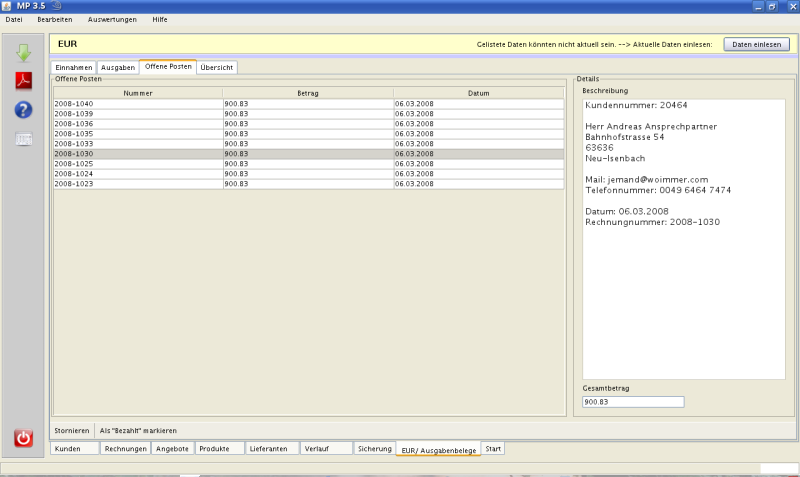 EUR: Offene Posten: In Offene Posten erscheinen die Rechnungen, die