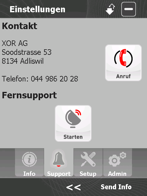 2.9 Einstellungsmenü Zeigt das Info Fenster an Zeigt das Support Fenster an Zeigt das Setup Fenster an. Dies ist Passwort geschützt Zeigt das Fenster mit Administratoren Funktionen an.