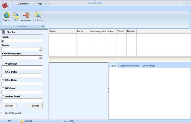 Programmüberblick Das Fenster von CIMCO PDM ist in zwei Bereiche geteilt, nämlich die Menüs und Werkzeugleisten sowie den Explorer. Der obere Bereich beinhaltet die Menüs und Toolbars.