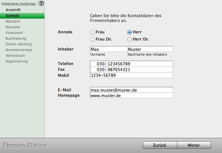 - 24-4.2 Kontakt Auf der Seite Kontakt können Sie die Kontaktdaten für sich oder Ihre Firma eingeben.