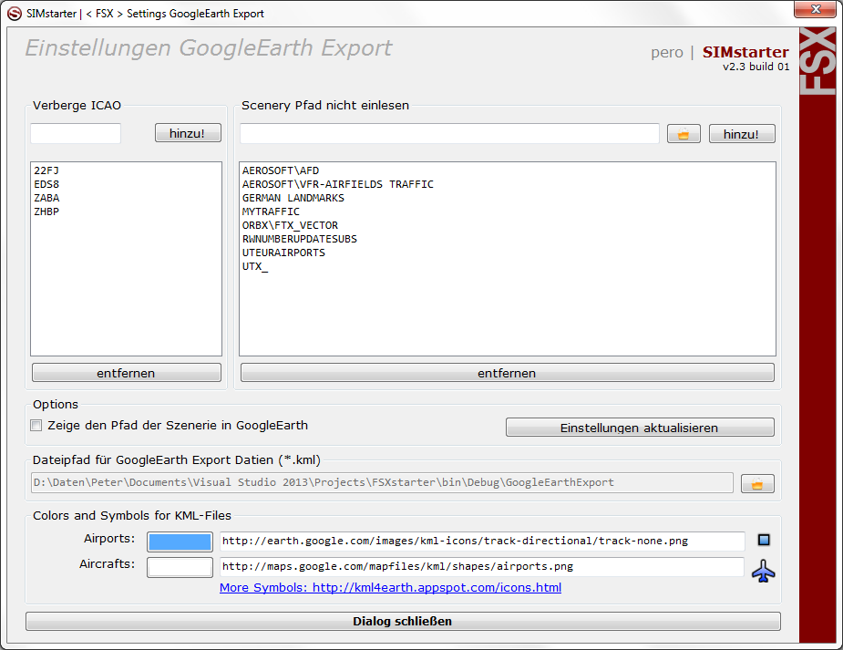 4 Einstellungen GoogleEarth Export 4. Allgemein Der GoogleEarth Export zeigt alle installierten AddOn Flughäfen in GoogleEarth an. Dazu sollten manche Pfade nicht mit eingelesen werden, da z.b.