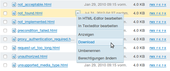 Zum Herunterladen der Datei fahren Sie im File Manager mit dem Mauszeiger in der Zeile nach rechts, bis ein kleiner Schalter mit einem