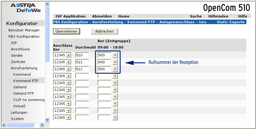 Konfiguration und Administration rator, Menü PBX Konfiguration: Listen: Anruffilter ein.