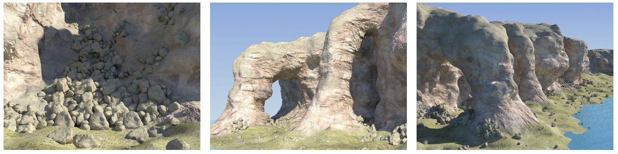 Steinhaufen und eine Erosionssimulation auf den Daten zielen auf einen möglichst realistischen visuellen Eindruck ab.