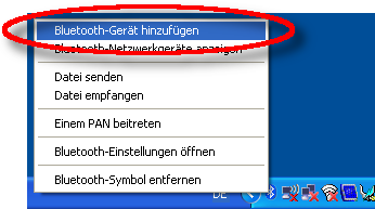 4.2 Kopplung unter Windows XP Herstellen der Kopplung Zum Öffnen des Kontextmenüs klicken Sie mit der rechten Mousetaste auf das Bluetooth-Symbol in der Taskleiste.
